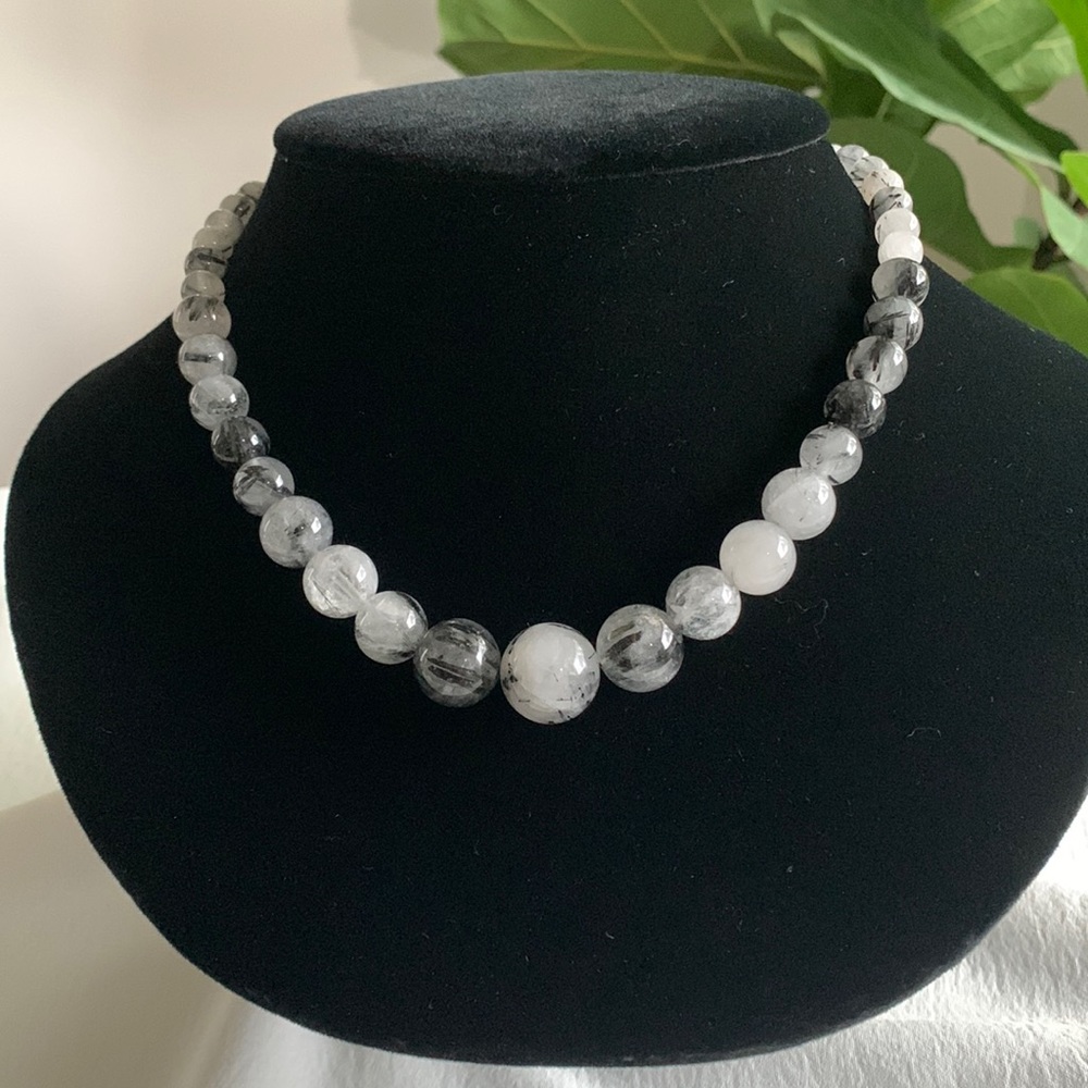 Beautiful Rutilated Quartz Necklace, round graduating beads. 18” + 2” extender